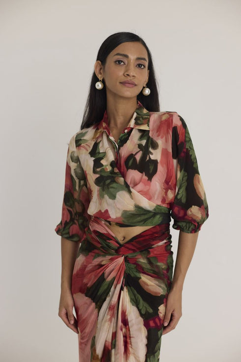 Multi color scarlett tie-up top & skirt set