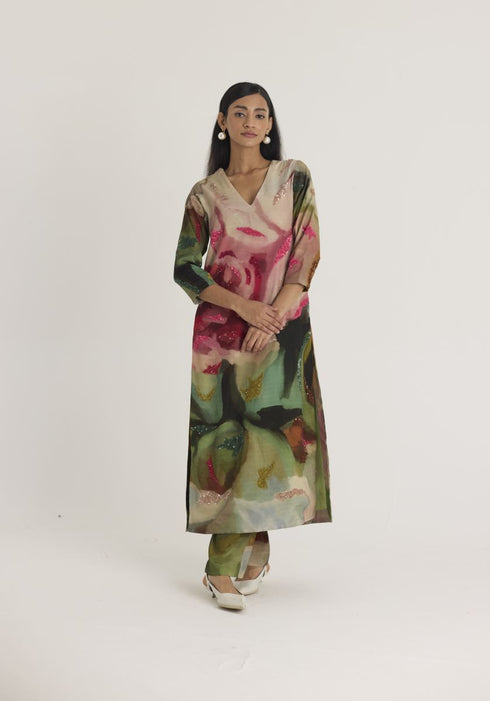 Multi color tilly embroidered long V neck kurta set