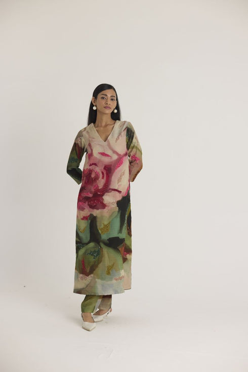 Multi color tilly embroidered long V neck kurta set