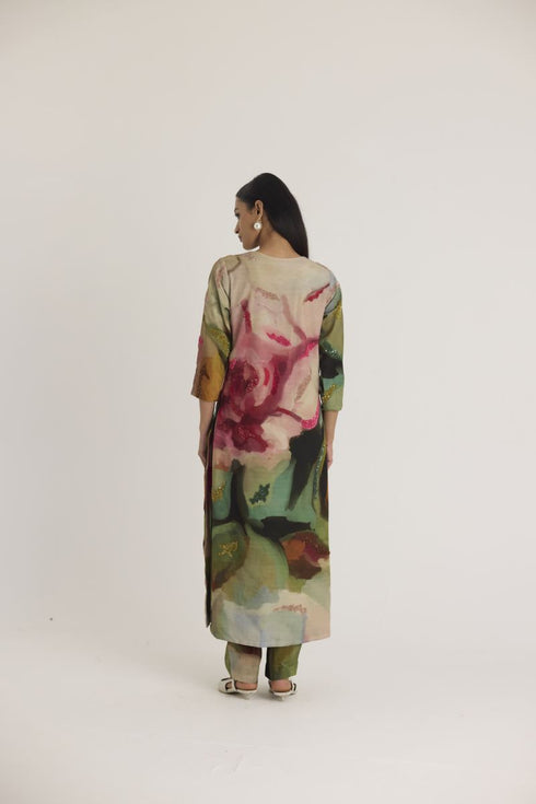 Multi color tilly embroidered long V neck kurta set