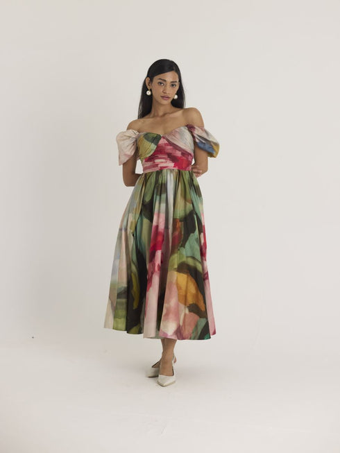 Multi color tilly puff sleeve dress