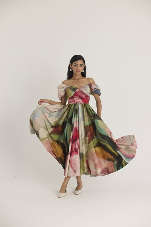 Multi color tilly puff sleeve dress