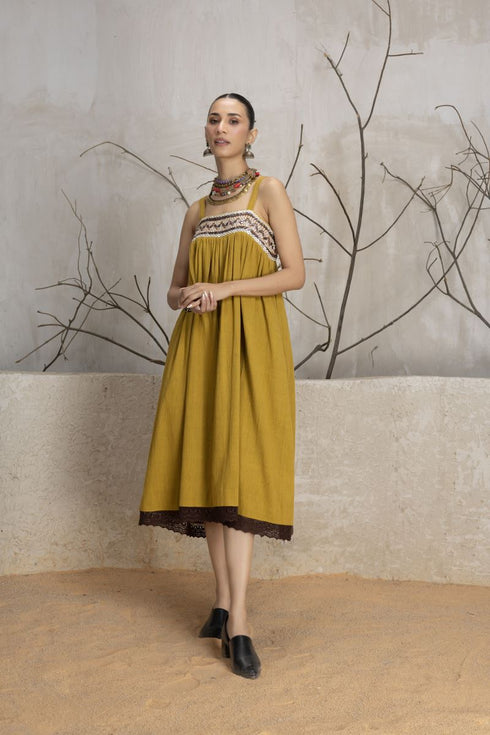 Mustard kala cotton embroidered dress