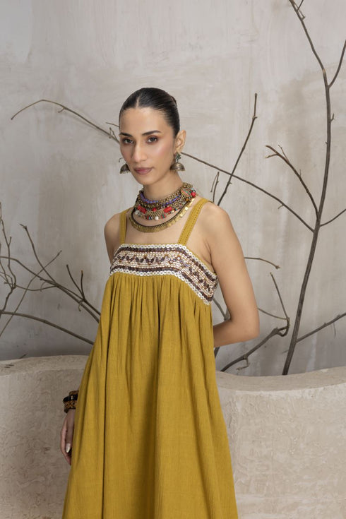 Mustard kala cotton embroidered dress