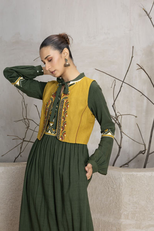 Mustard linen embroidered koti jacket