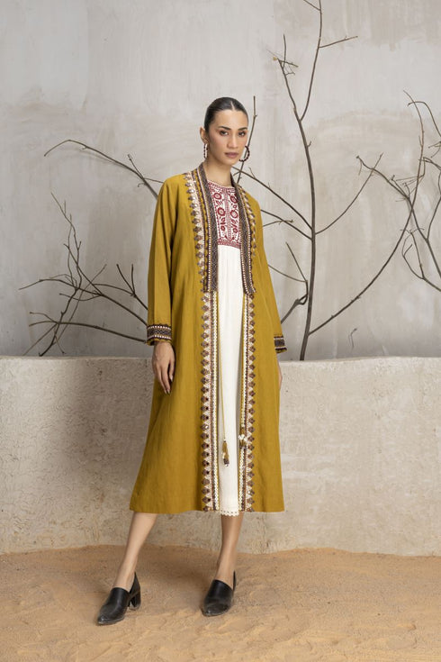 Mustard linen printed and embroidered jacket