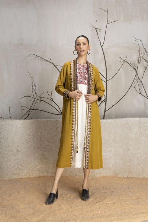 Mustard linen printed and embroidered jacket