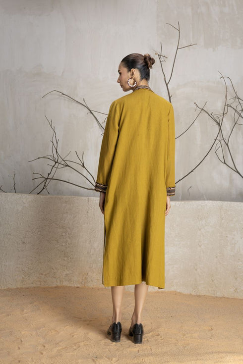 Mustard linen printed and embroidered jacket