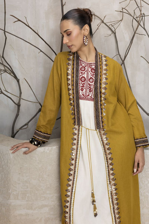 Mustard linen printed and embroidered jacket