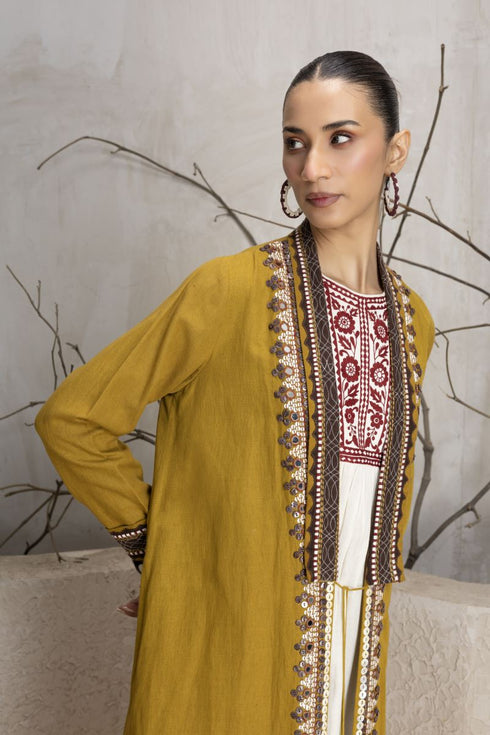 Mustard linen printed and embroidered jacket
