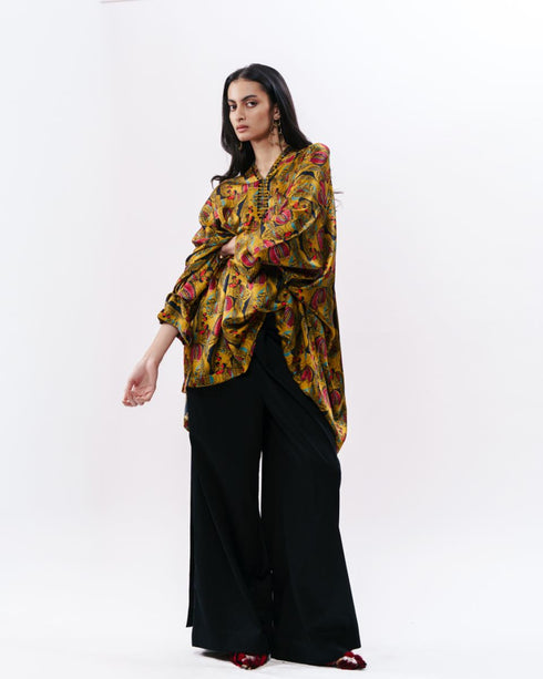 Mustard printed silk boxy kurta