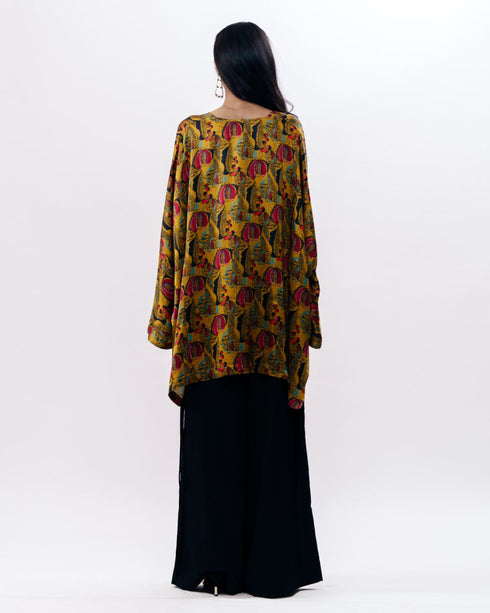 Mustard printed silk boxy kurta