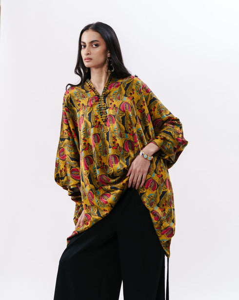 Mustard printed silk boxy kurta