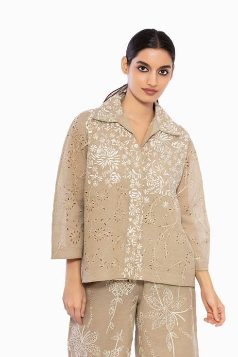 Natural cutwork embroidered handloom cotton top