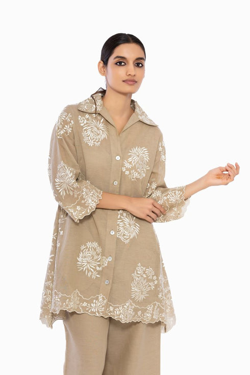 Natural thread embroidered handloom cotton top