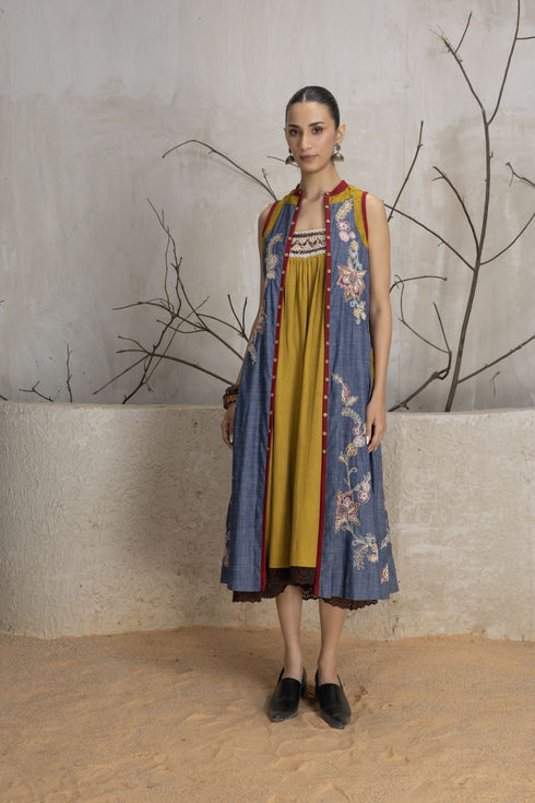 Navy blue denim all over dori embroidered jacket