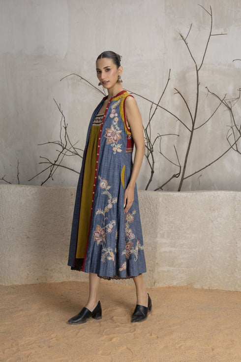 Navy blue denim all over dori embroidered jacket