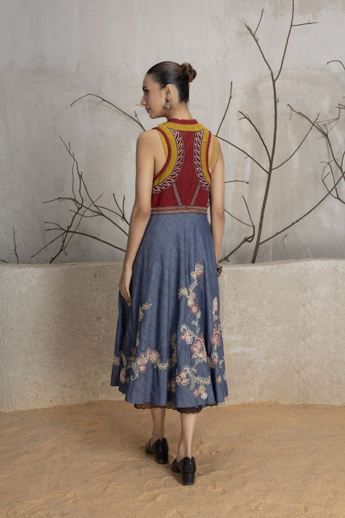 Navy blue denim all over dori embroidered jacket