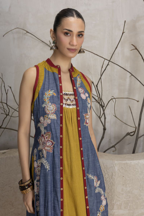 Navy blue denim all over dori embroidered jacket