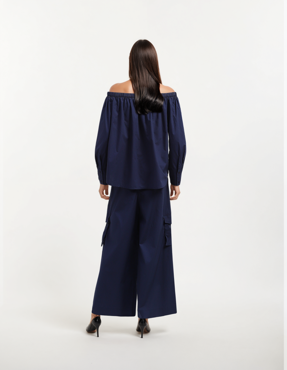 Navy Blue One Shoulder Top And Pant Set