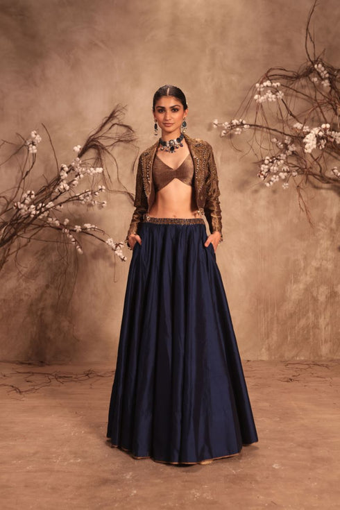 Nazakat gold tissue jacket style lehenga set