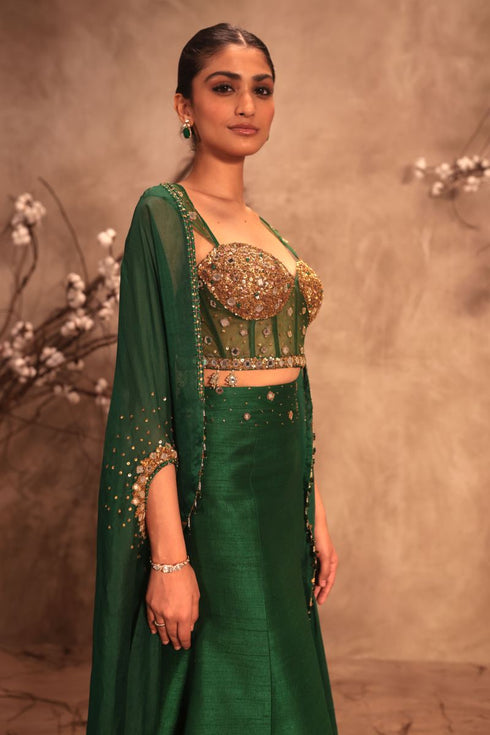 Nazakat green cape style lehenga set