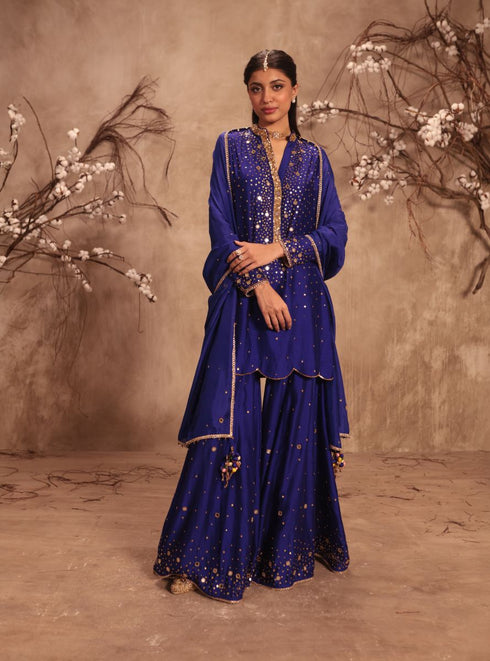 Nazakat indigo heavy mirror work sharara set