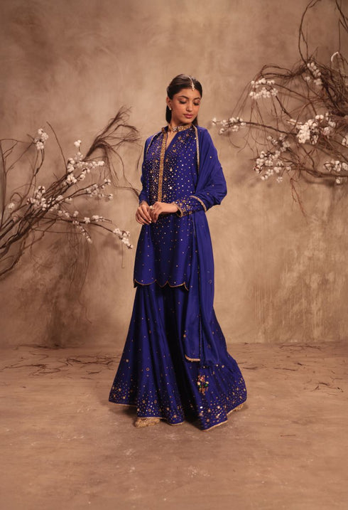 Nazakat indigo heavy mirror work sharara set