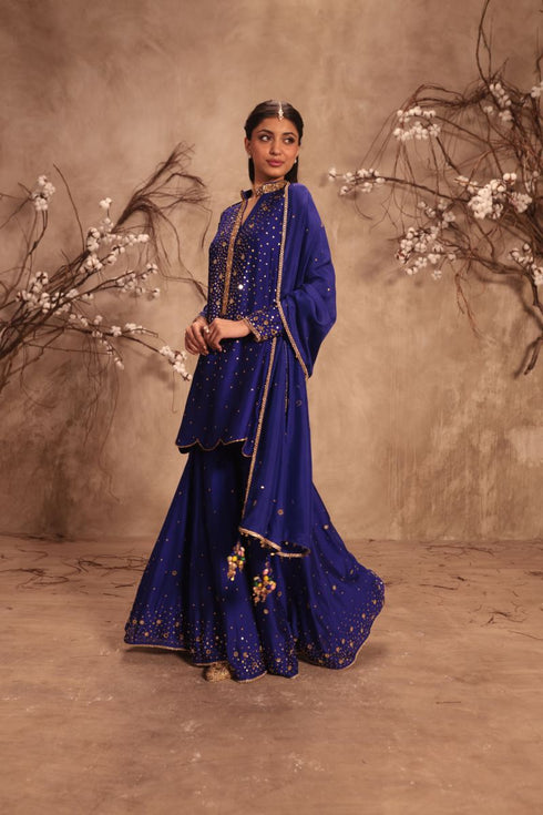 Nazakat indigo heavy mirror work sharara set