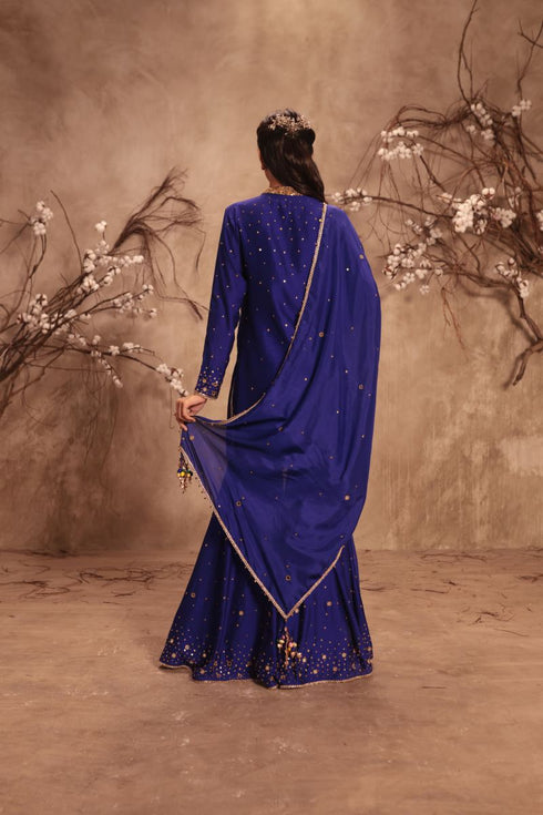 Nazakat indigo heavy mirror work sharara set