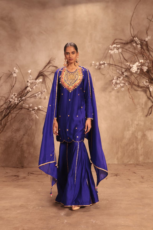 Nazakat indigo lotus yoke Sharara set