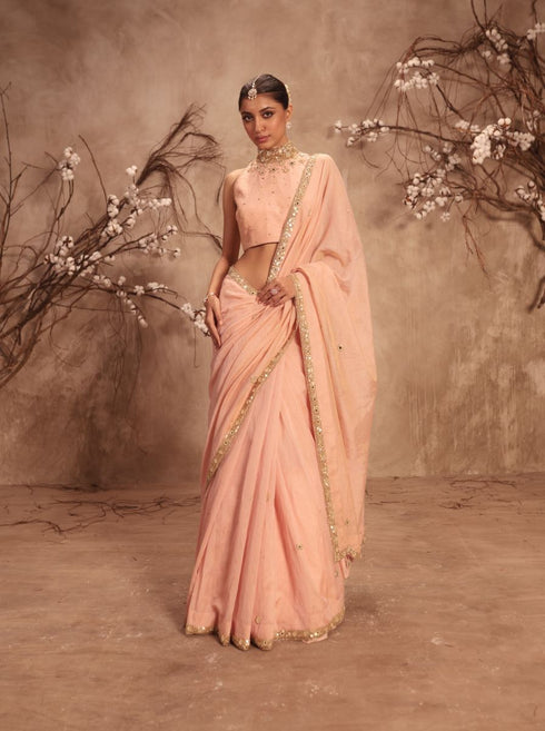 Nazakat light pink choker neck scallop sari set