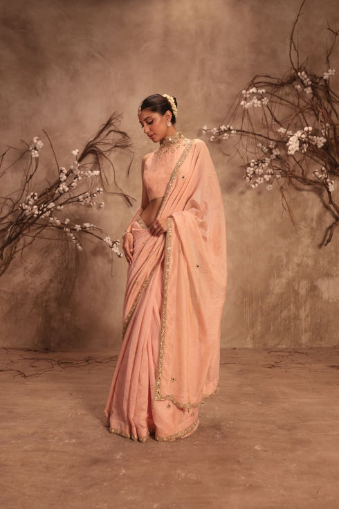Nazakat light pink choker neck scallop sari set