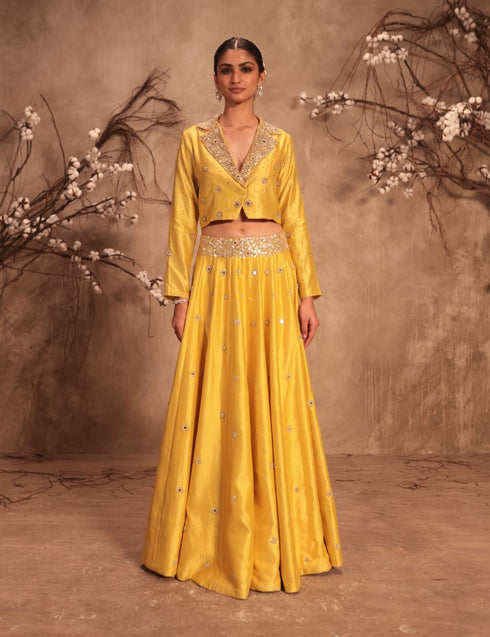 Nazakat yellow heavy jacket style lehenga set