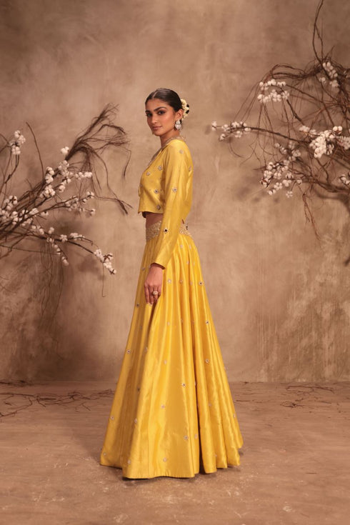 Nazakat yellow heavy jacket style lehenga set