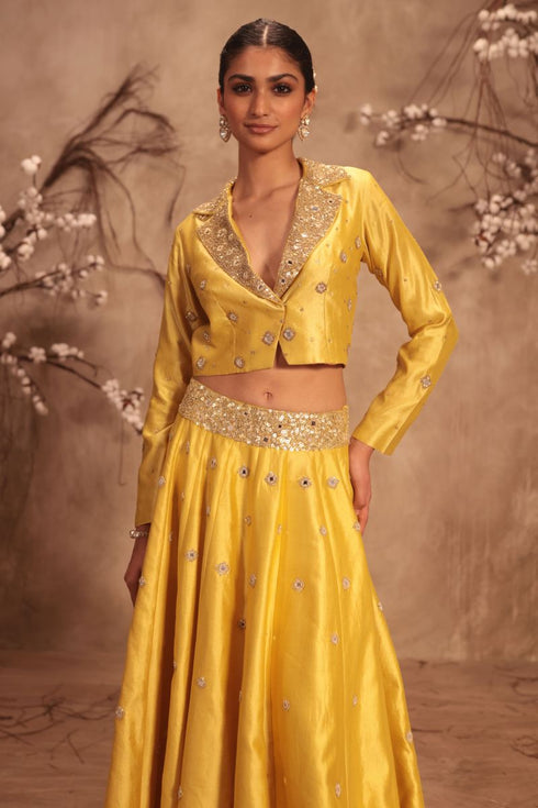 Nazakat yellow heavy jacket style lehenga set