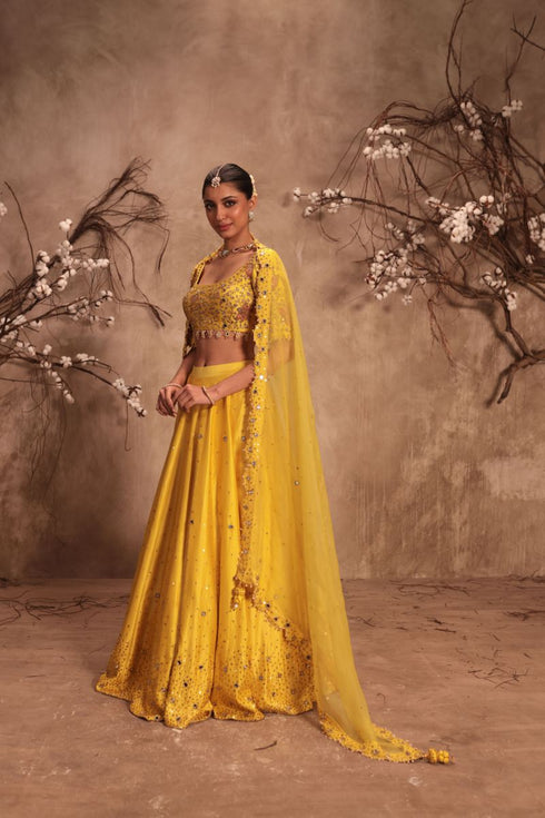 Nazakat yellow heavy mirror work lehenga set