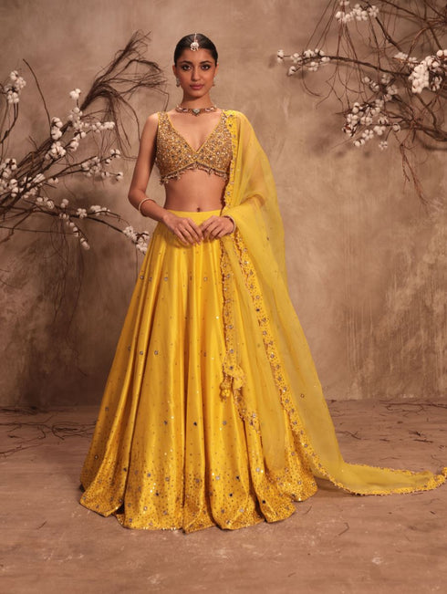Nazakat yellow heavy mirror work sleeveless lehenga set