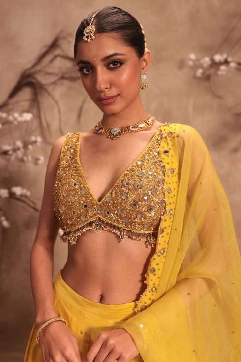 Nazakat yellow heavy mirror work sleeveless lehenga set