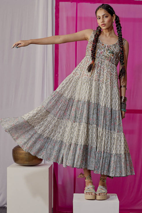 Nazm blue triple tiered maxi dress