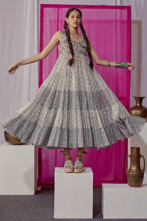 Nazm blue triple tiered maxi dress