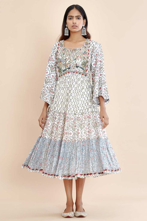 Nazm blue yoke embroidered tiered dress