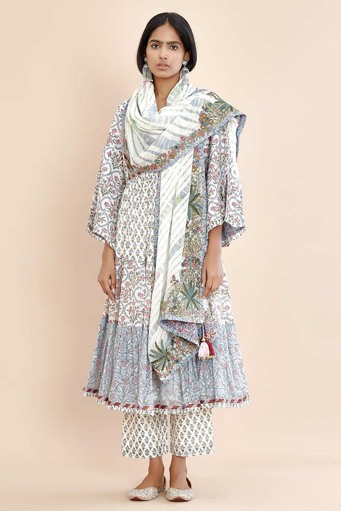 Nazm blue yoke embroidered tiered dress