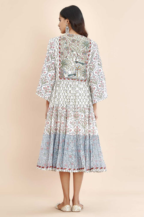 Nazm blue yoke embroidered tiered dress
