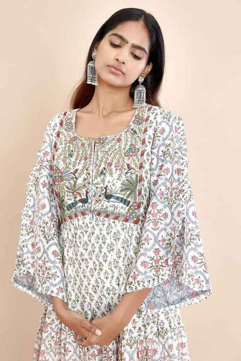 Nazm blue yoke embroidered tiered dress