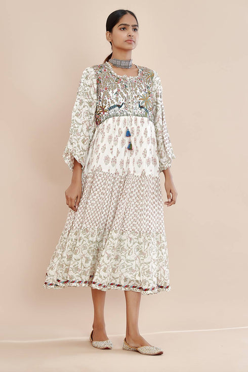 Nazm pink hevy yoke triple tiered dress