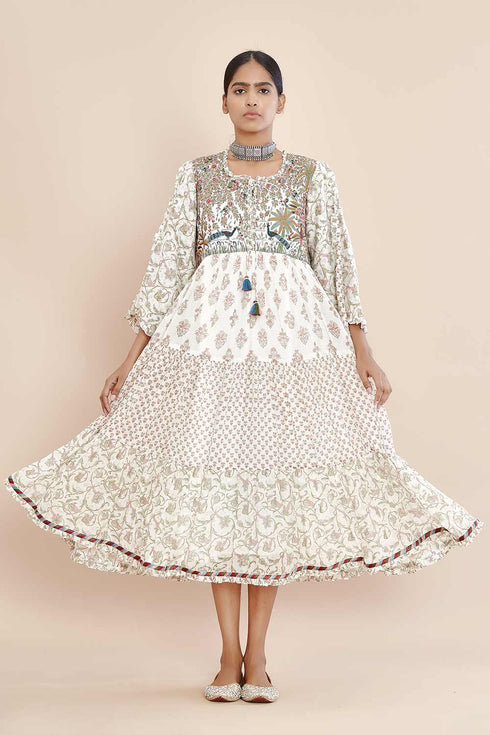 Nazm pink hevy yoke triple tiered dress