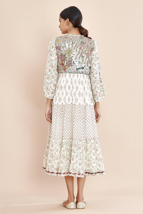 Nazm pink hevy yoke triple tiered dress