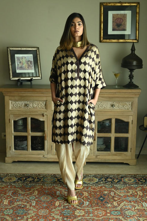 Noor brown brocade shahi kaftan with chai beige nandini dhoti