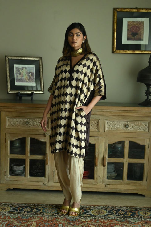 Noor brown brocade shahi kaftan with chai beige nandini dhoti